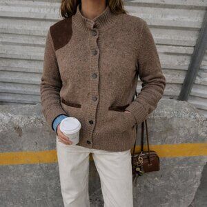 Vintage Ralph Lauren Silk Wool Cashmere Cardigan Sweater M Brown Suede Patch
